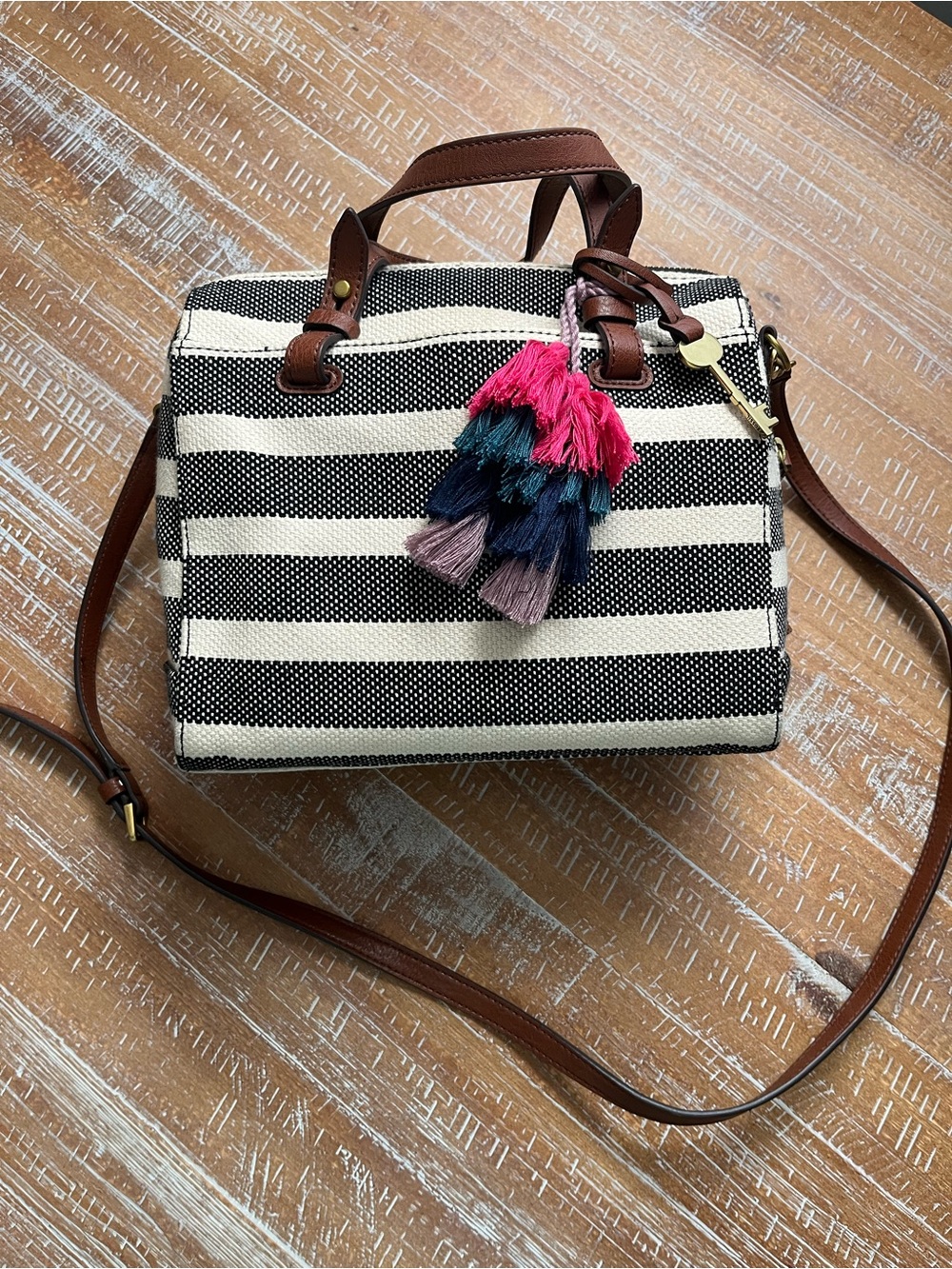 Fossil Black & Cream Striped Crossbody with Multicolor Tassel - Picture 2 of 6